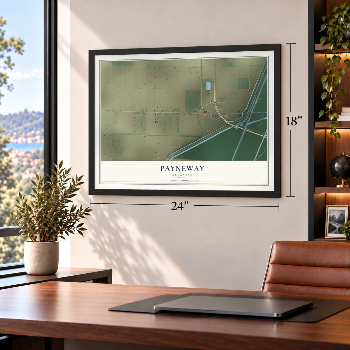 Payneway, Arkansas map, 18 x 24 inch print in a black frame in a home office