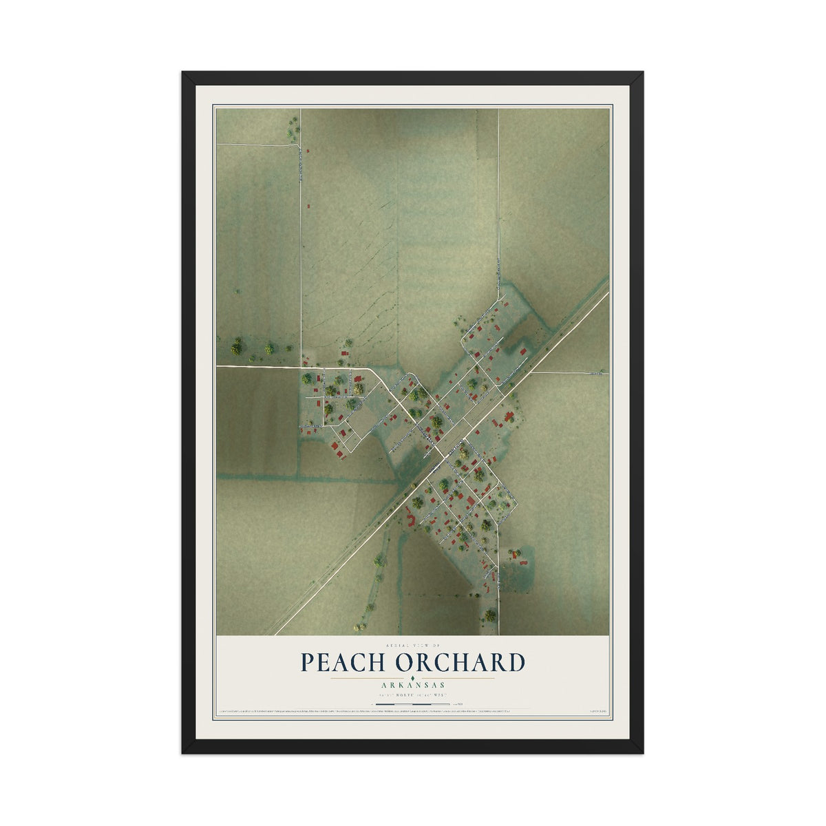 Map of Peach Orchard, Arkansas, 12 x 18 inch print in a black wood frame