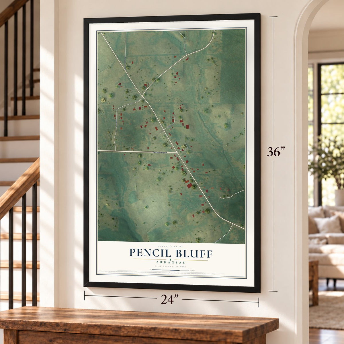 Pencil Bluff, Arkansas map, 24 x 36 inch print in a black frame by a staircase