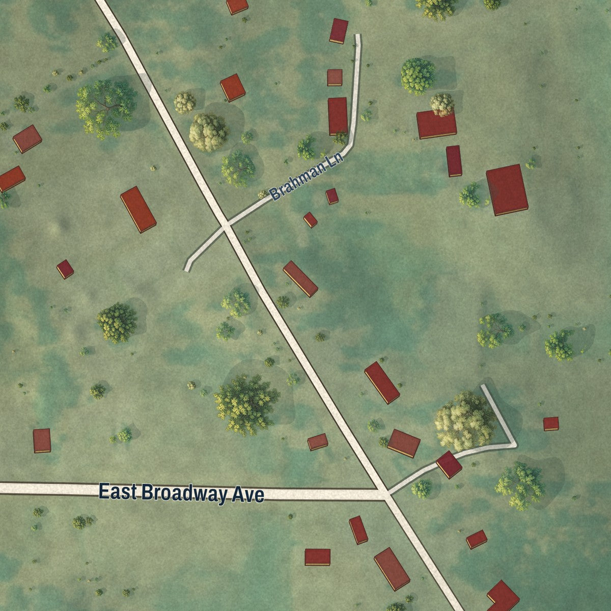 Close-up of the map of Pencil Bluff, Arkansas print showing street and building detail