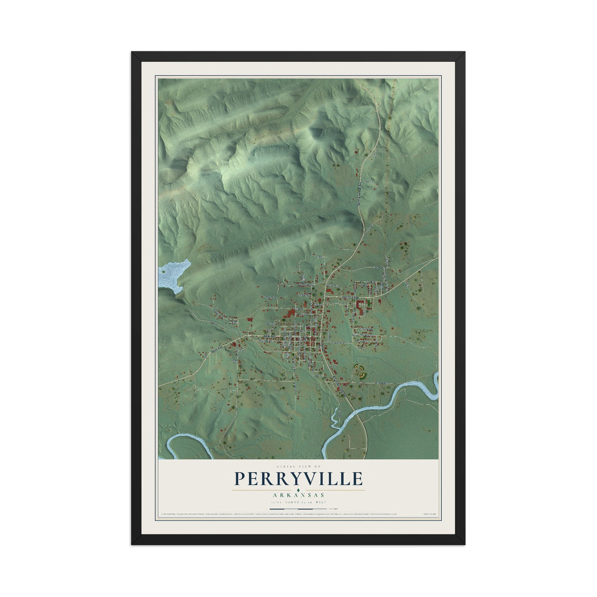 Map of Perryville, Arkansas, 12 x 18 inch print in a black wood frame