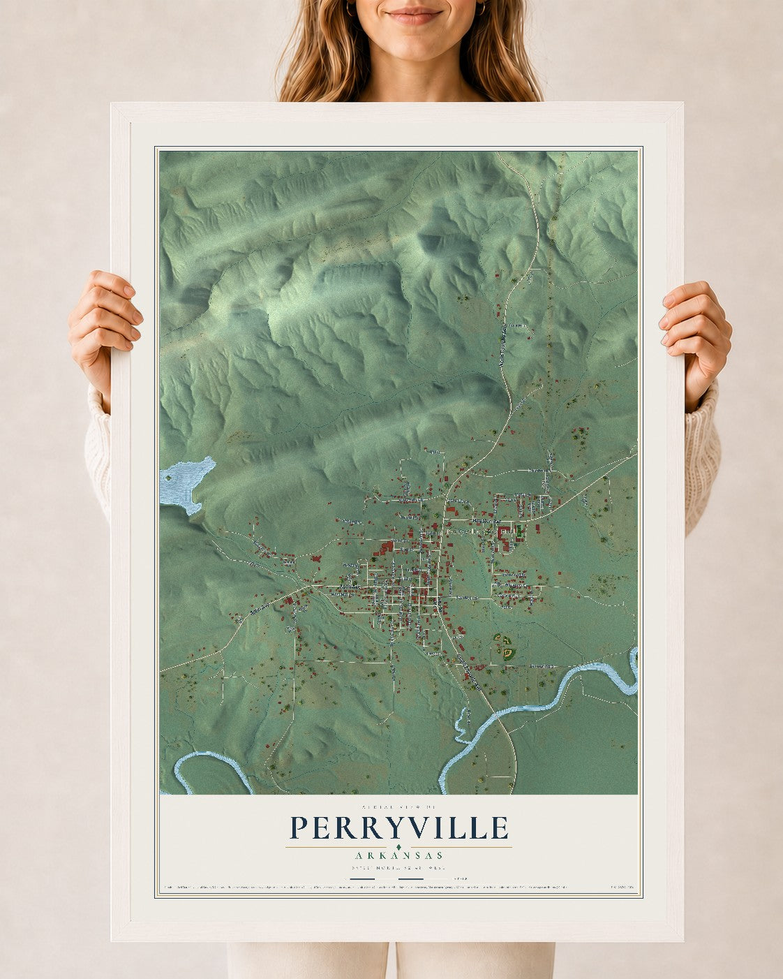 Map of Perryville, Arkansas, 24 x 36 inch print in a white wood frame