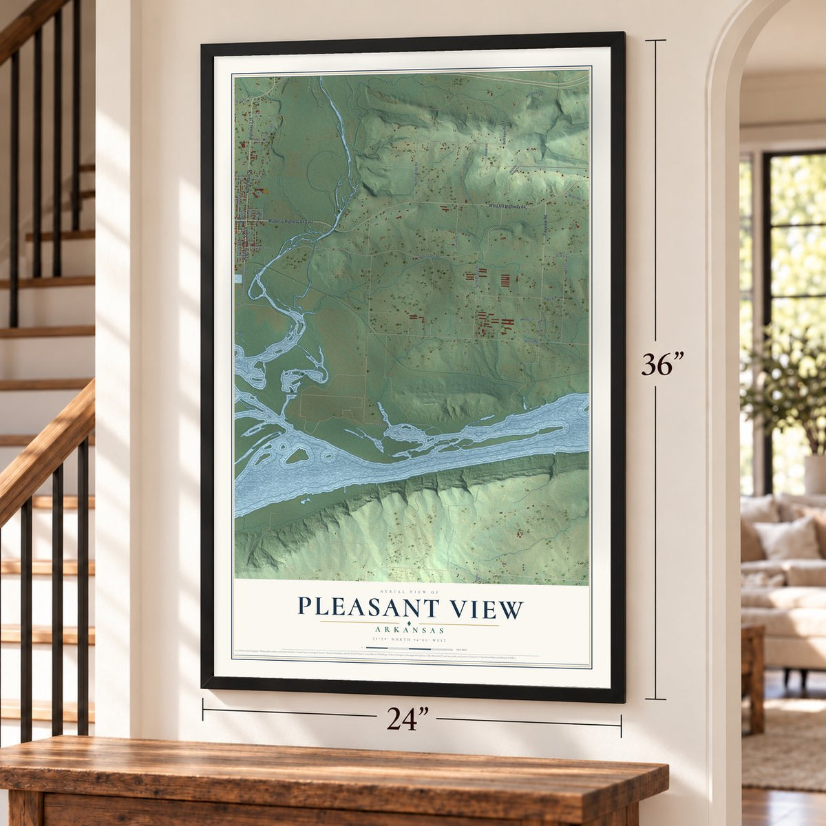 Pleasant View, Arkansas map, 24 x 36 inch print in a black frame by a staircase