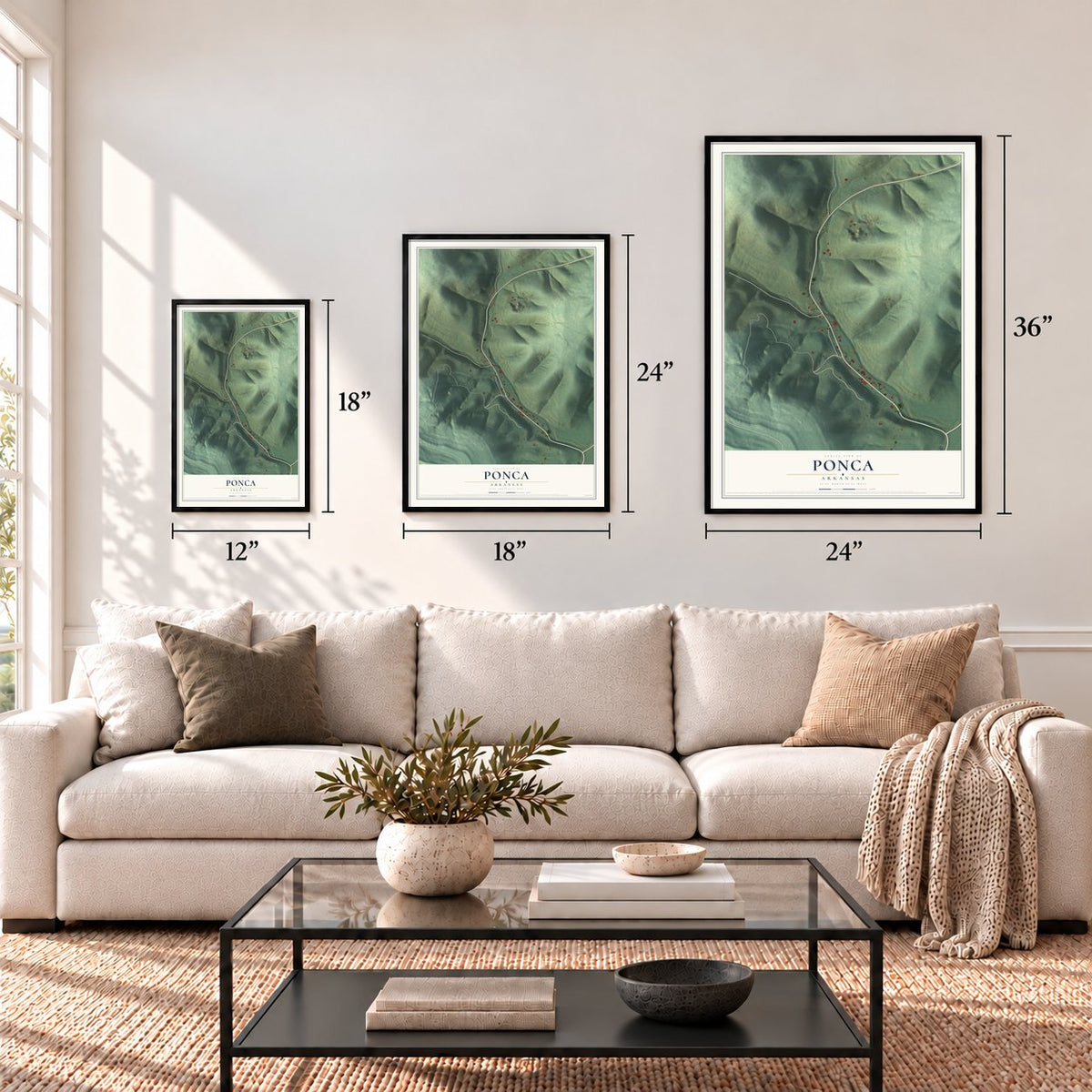 Ponca, Arkansas map in 12 x 18, 18 x 24 and 24 x 36 inch sizes above a sofa