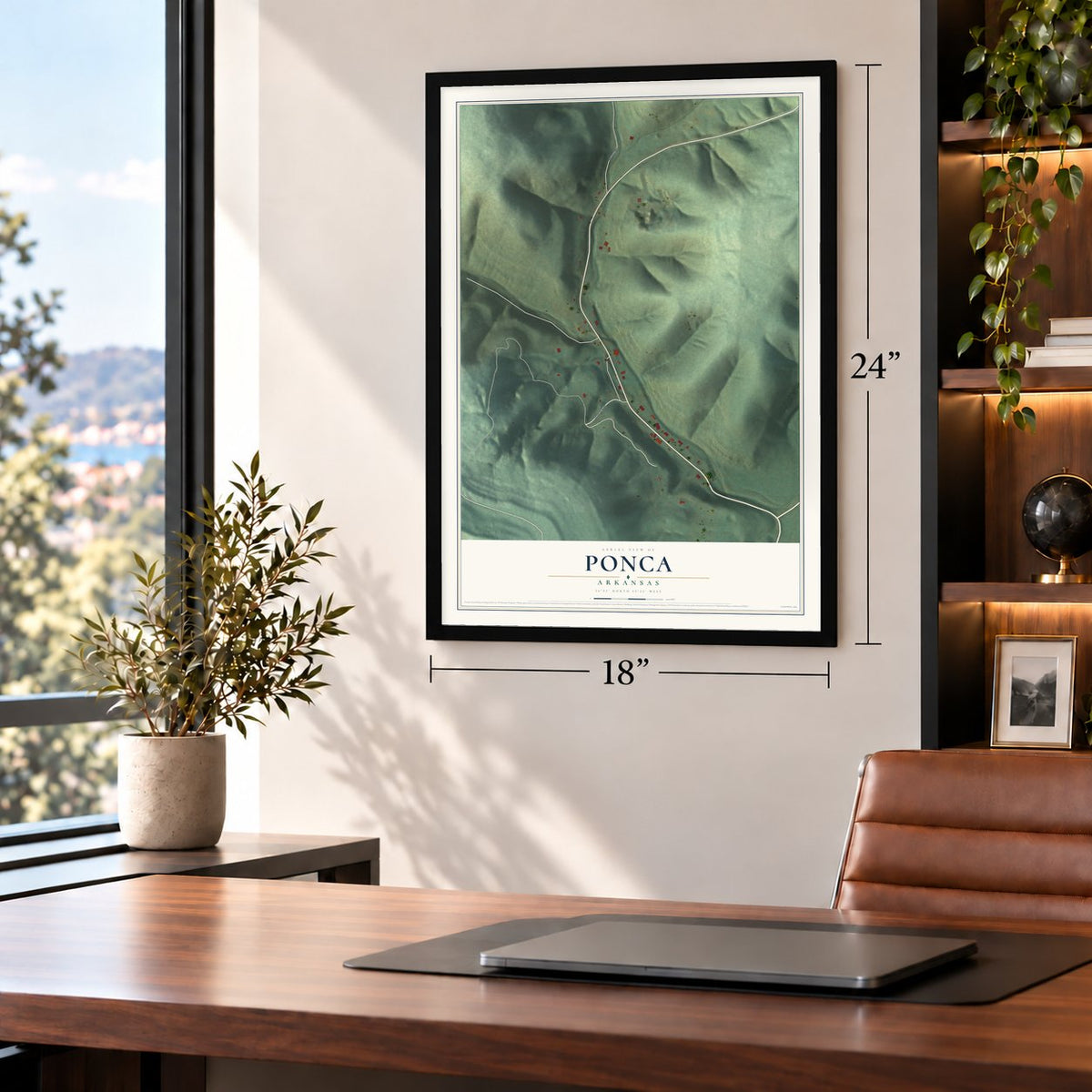 Ponca, Arkansas map, 18 x 24 inch print in a black frame in a home office