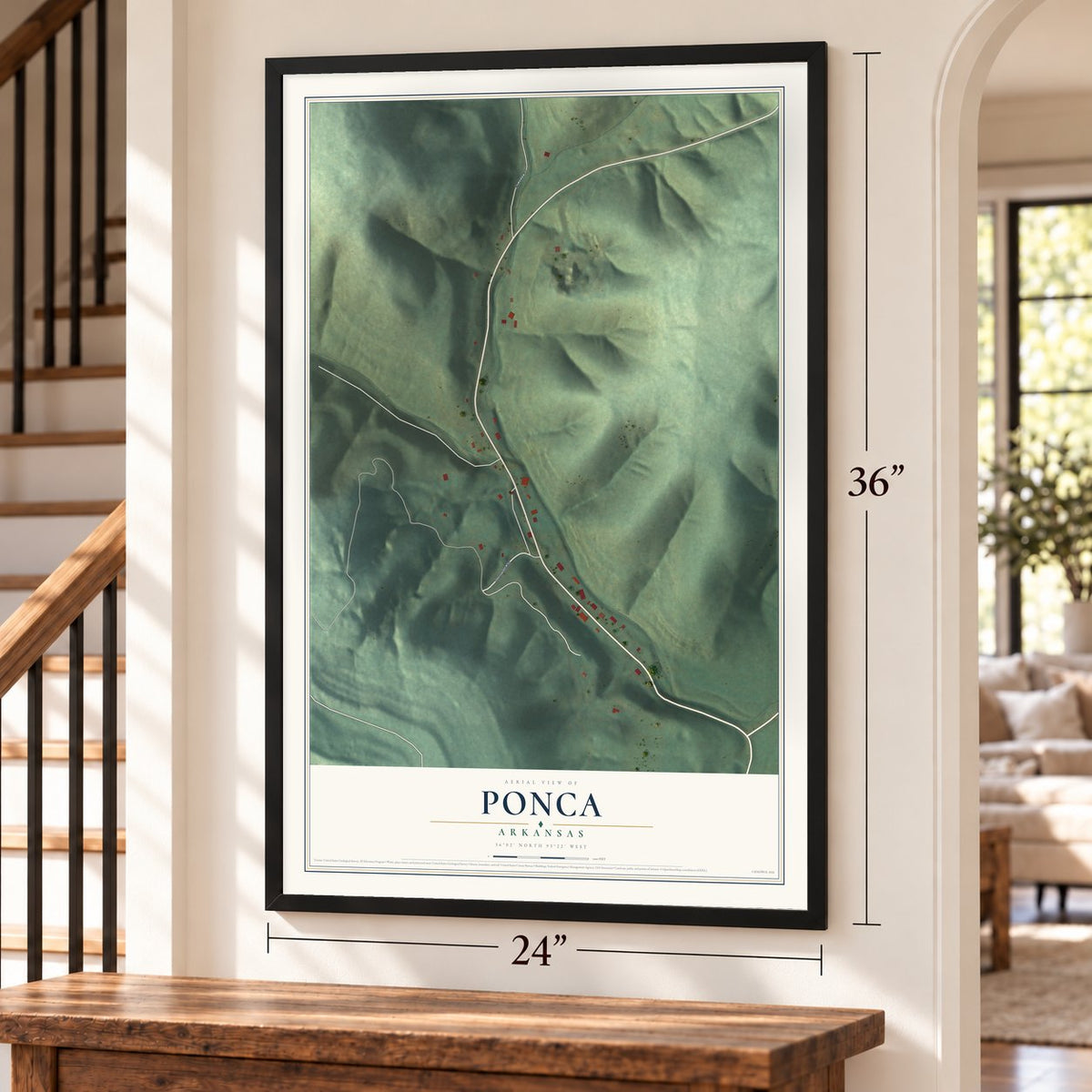 Ponca, Arkansas map, 24 x 36 inch print in a black frame by a staircase