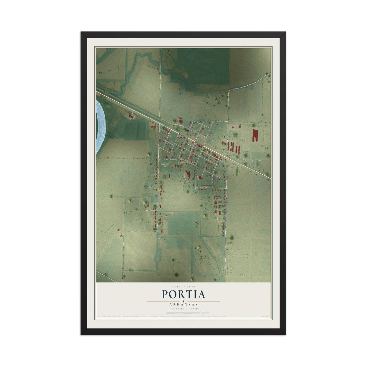 Map of Portia, Arkansas, 12 x 18 inch print in a black wood frame