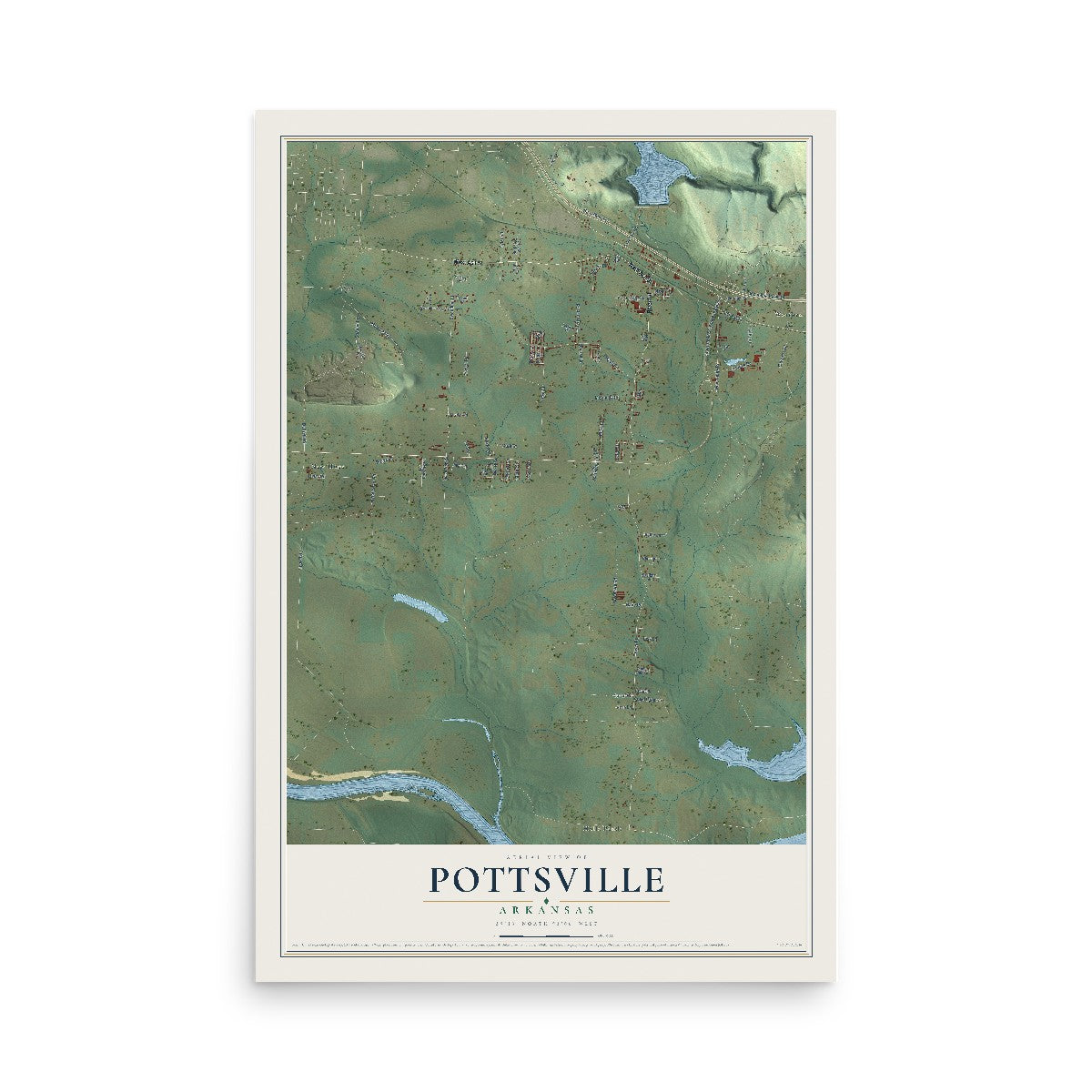 Map of Pottsville, Arkansas, 12 x 18 inch unframed archival matte print