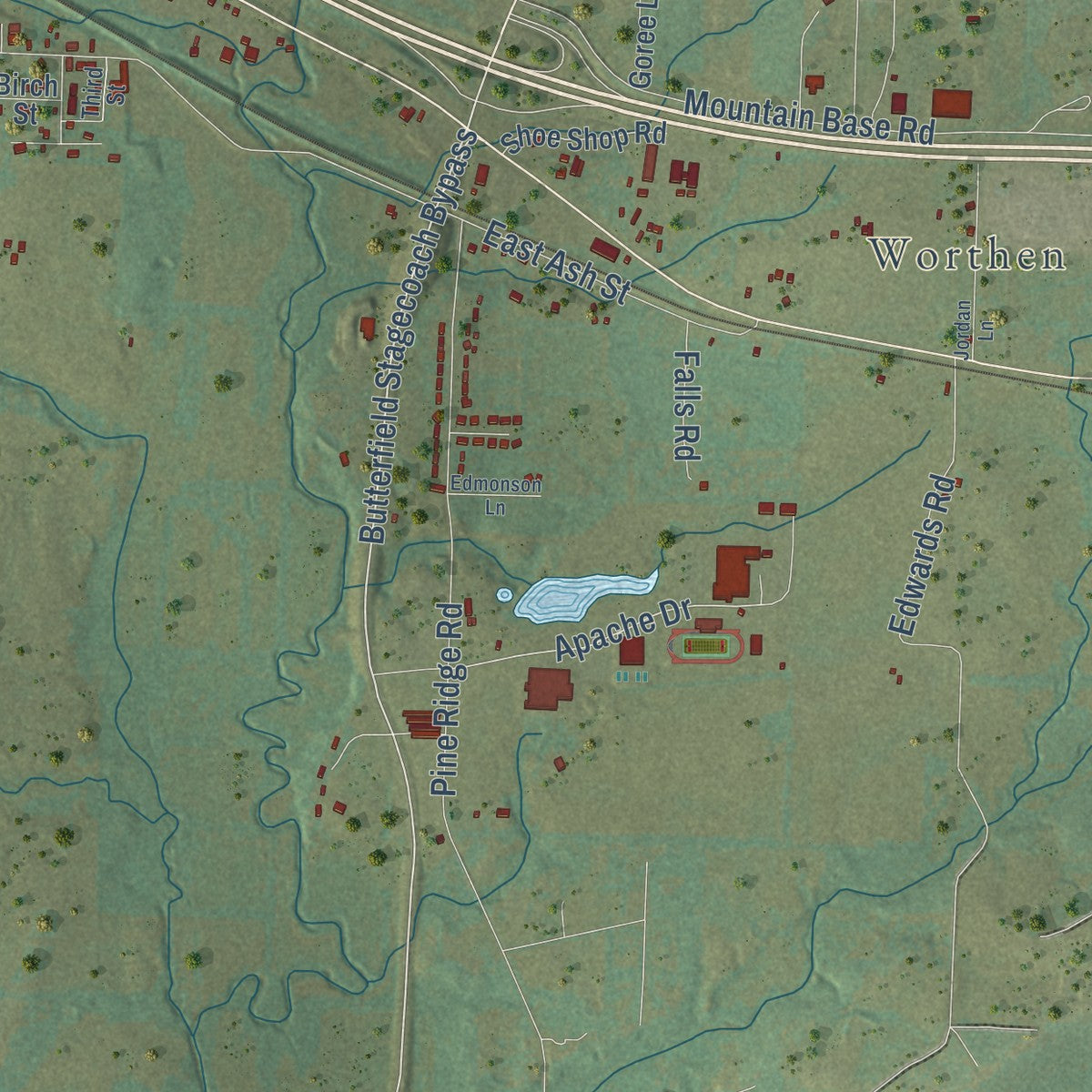 Second close-up of the map of Pottsville, Arkansas print showing more streets and buildings