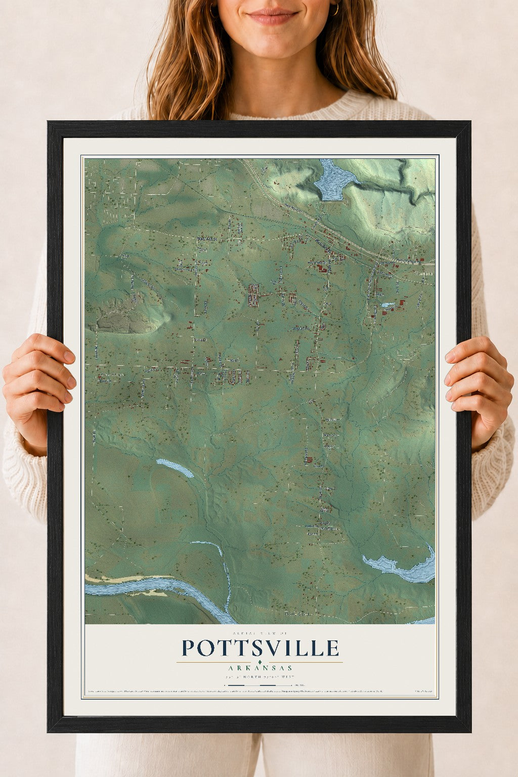 Map of Pottsville, Arkansas, 18 x 24 inch print in a black wood frame