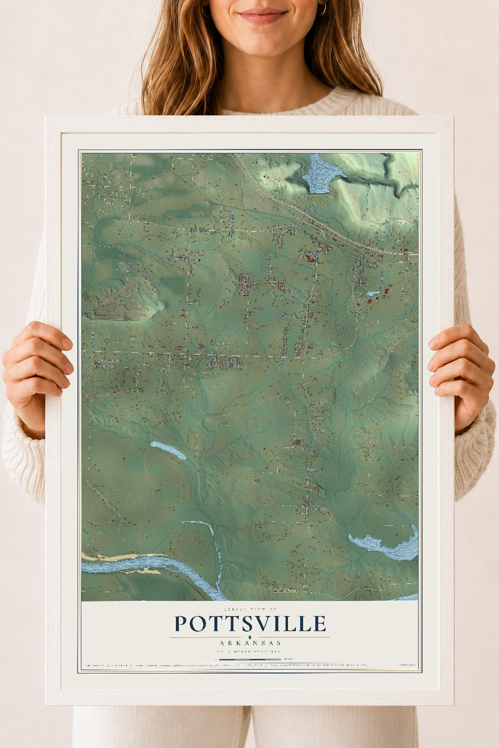 Map of Pottsville, Arkansas, 18 x 24 inch print in a white wood frame