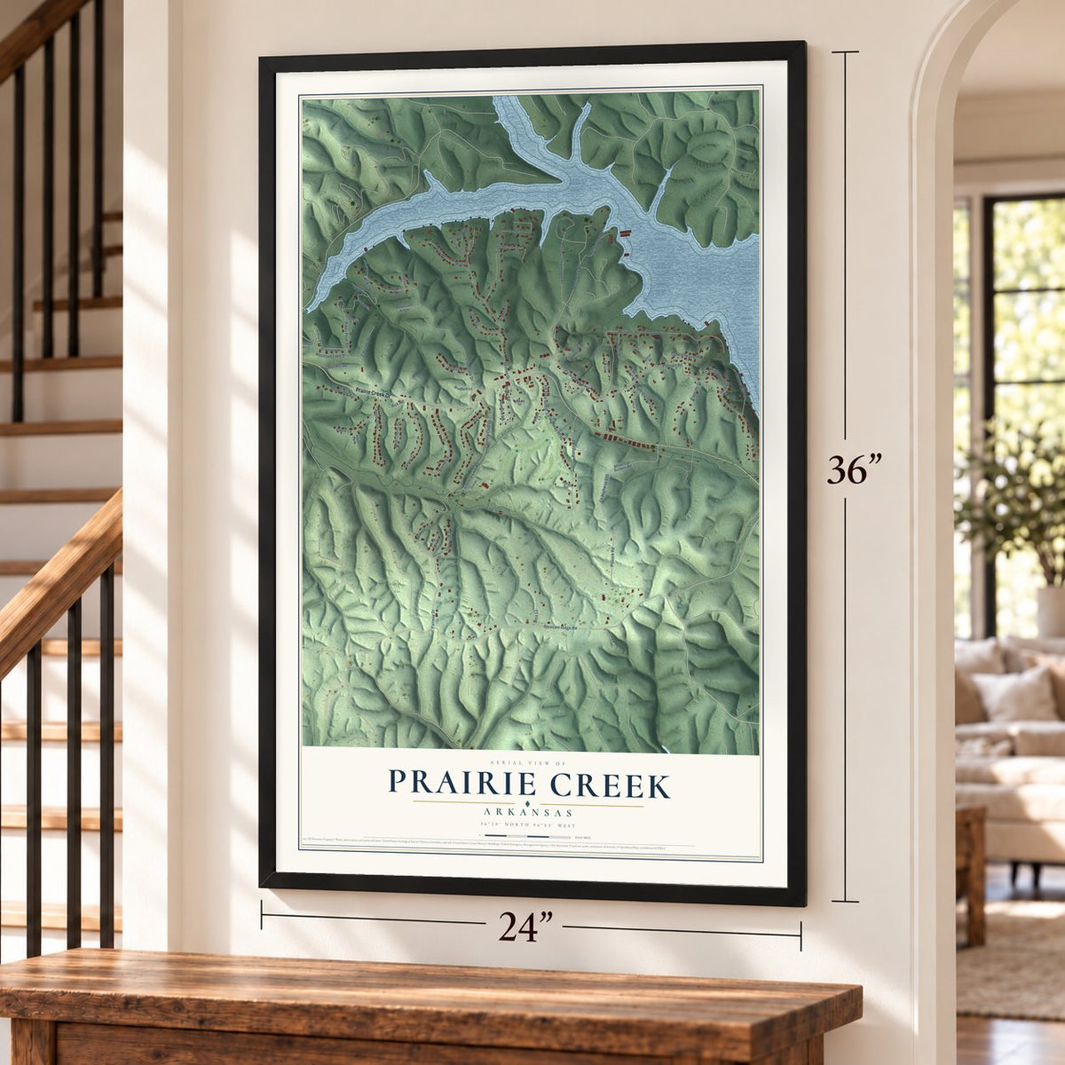 Prairie Creek, Arkansas map, 24 x 36 inch print in a black frame by a staircase