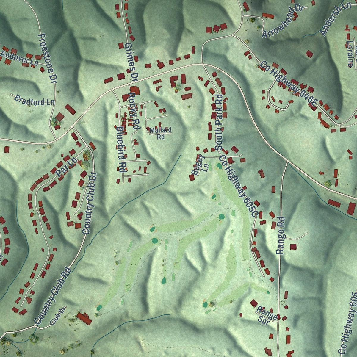 Close-up of the map of Prairie Creek, Arkansas print showing street and building detail