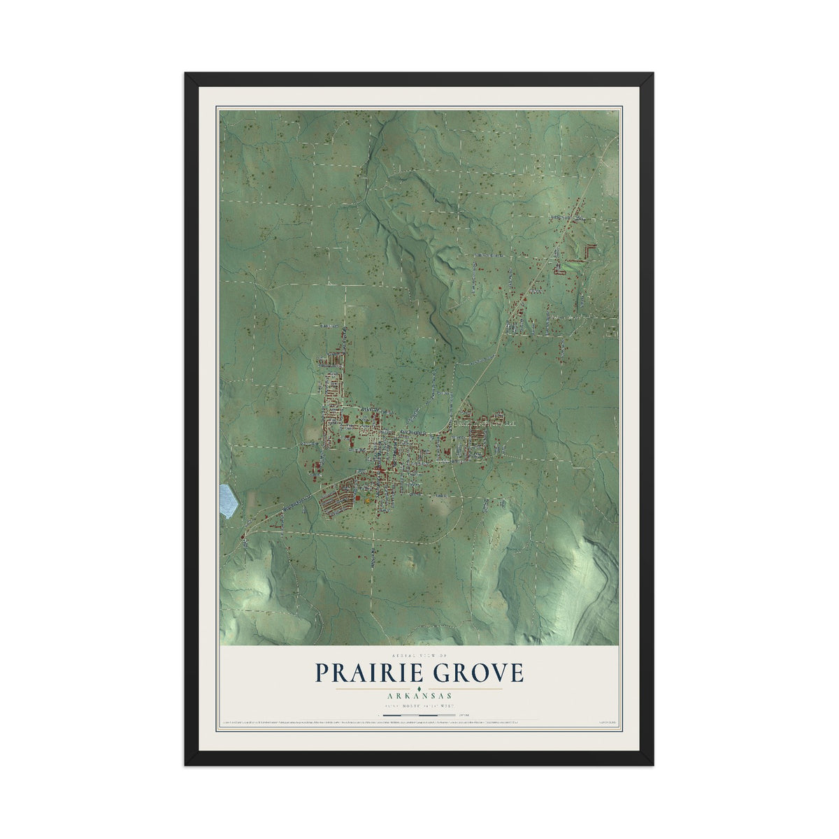 Map of Prairie Grove, Arkansas, 12 x 18 inch print in a black wood frame
