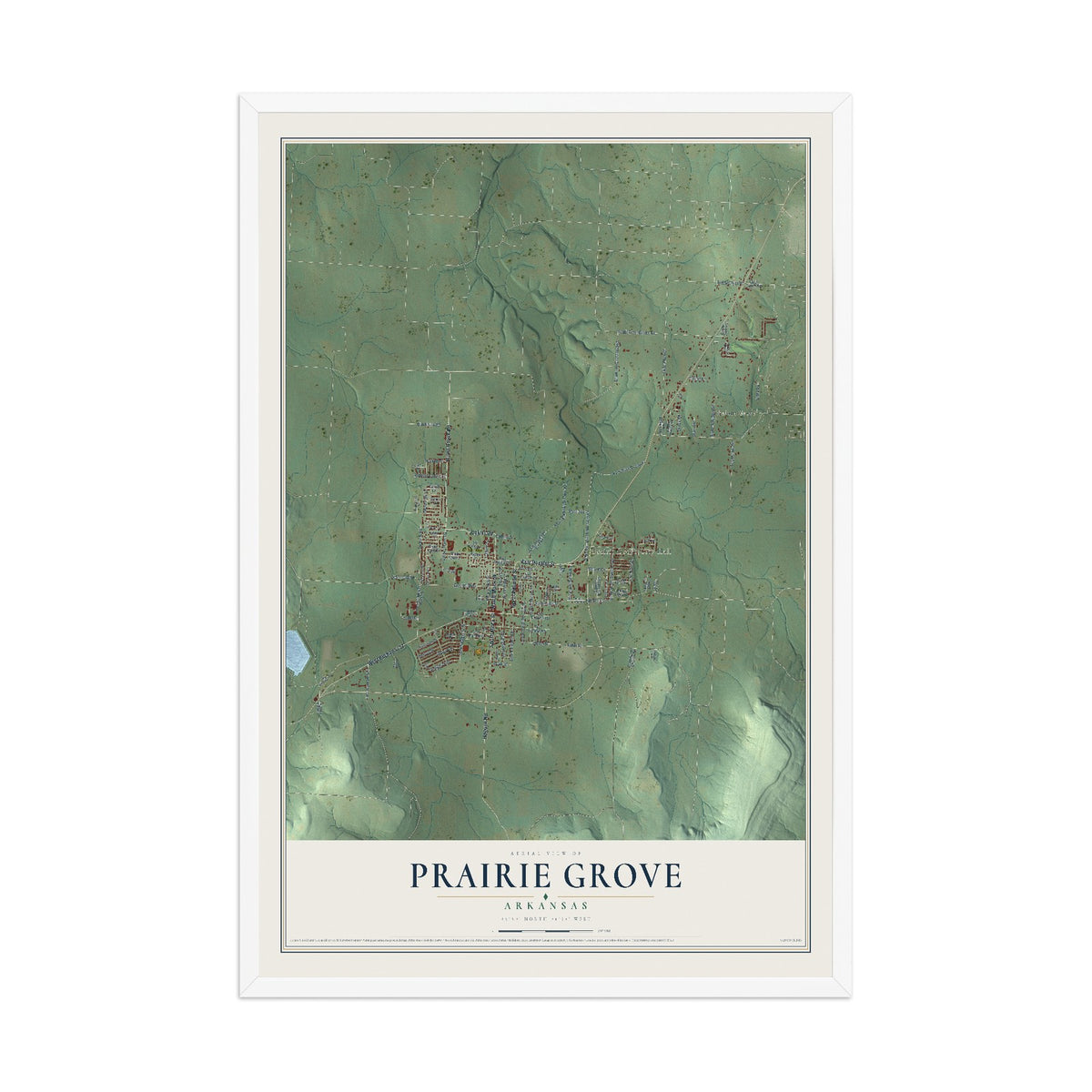 Map of Prairie Grove, Arkansas, 12 x 18 inch print in a white wood frame
