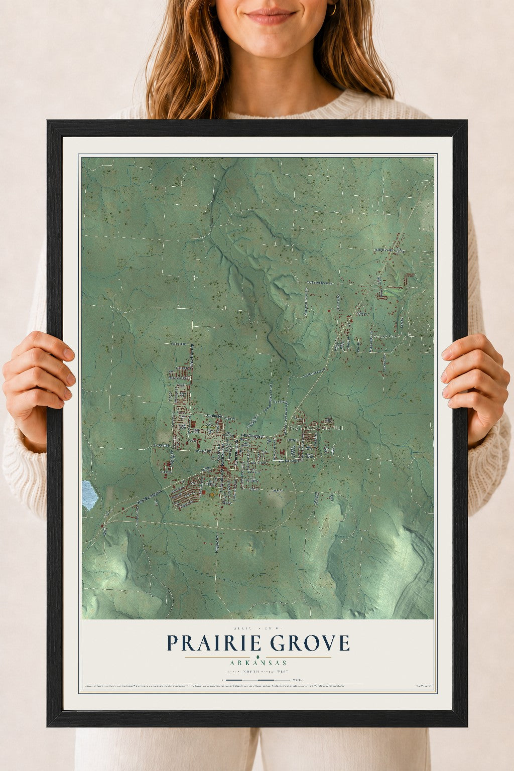 Map of Prairie Grove, Arkansas, 18 x 24 inch print in a black wood frame