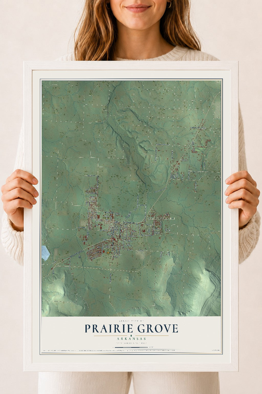 Map of Prairie Grove, Arkansas, 18 x 24 inch print in a white wood frame