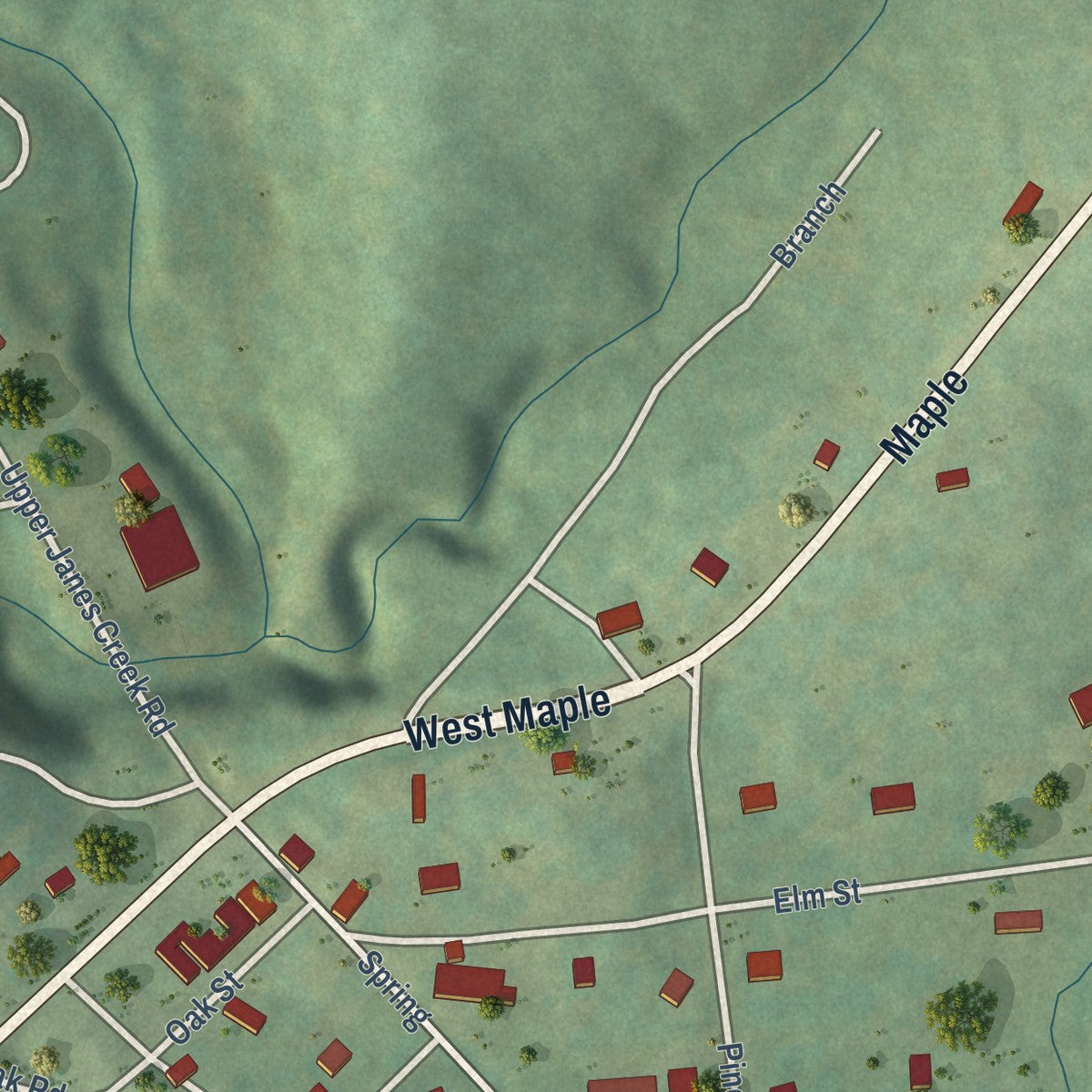 Close-up of the map of Ravenden Springs, Arkansas print showing street and building detail