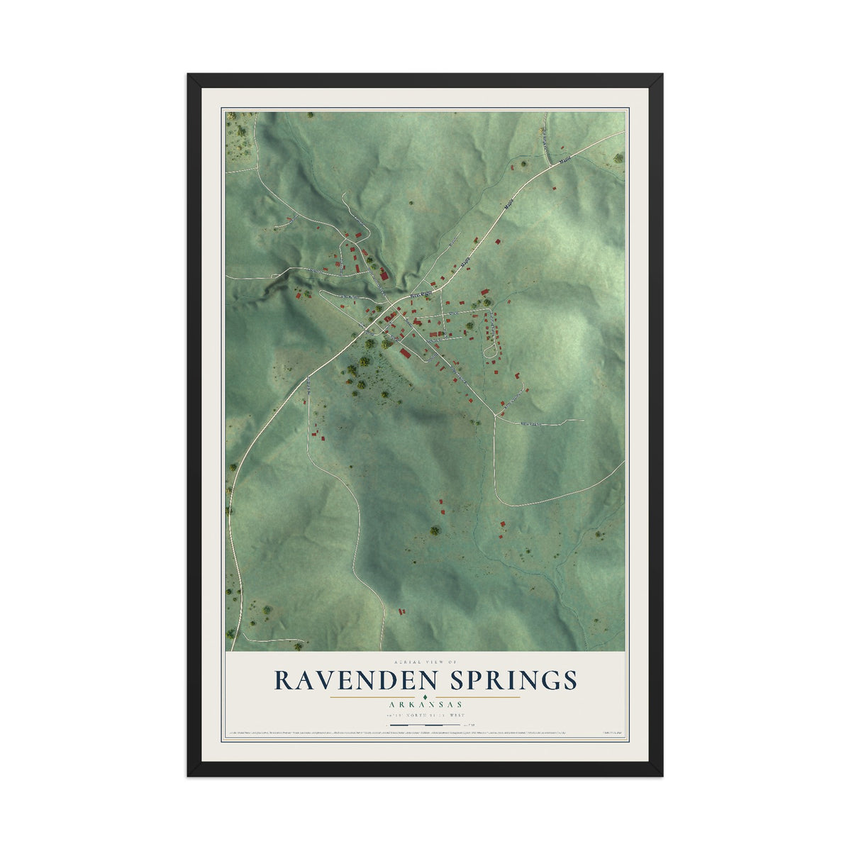 Map of Ravenden Springs, Arkansas, 12 x 18 inch print in a black wood frame