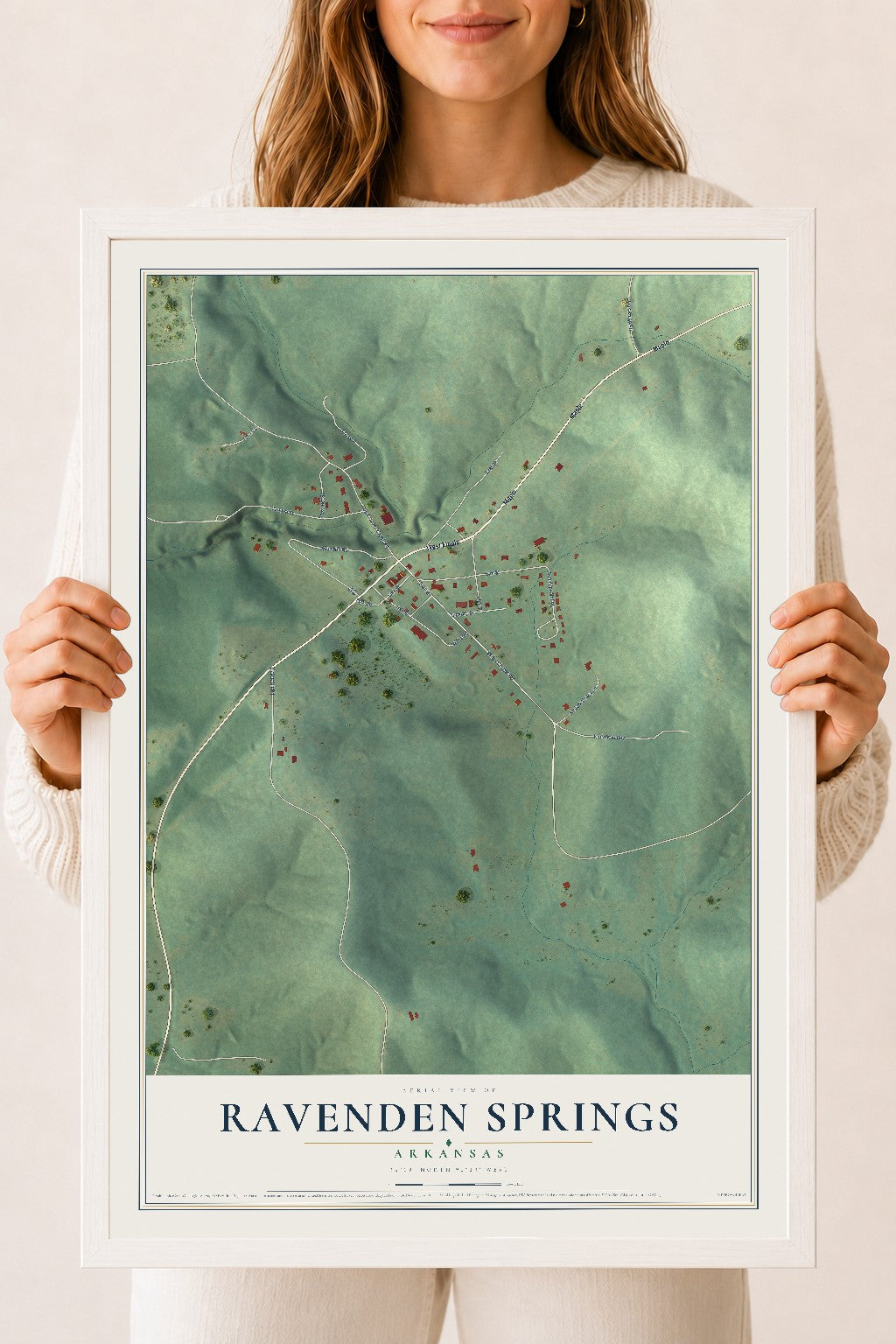 Map of Ravenden Springs, Arkansas, 18 x 24 inch print in a white wood frame