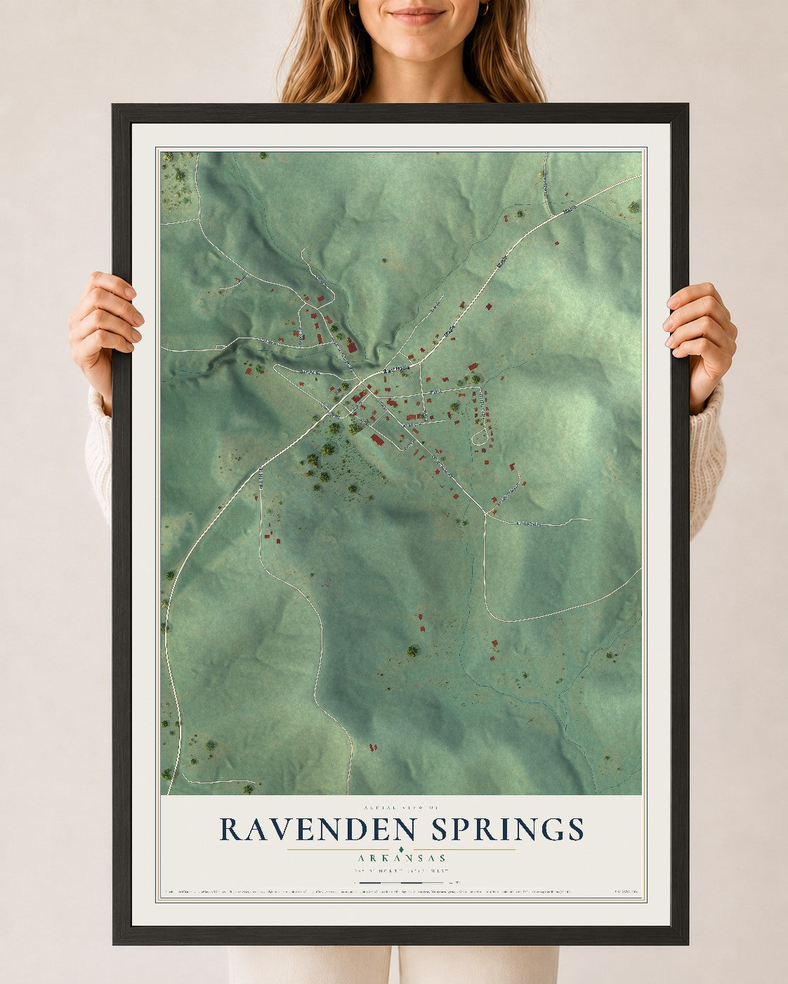 Map of Ravenden Springs, Arkansas, 24 x 36 inch print in a black wood frame