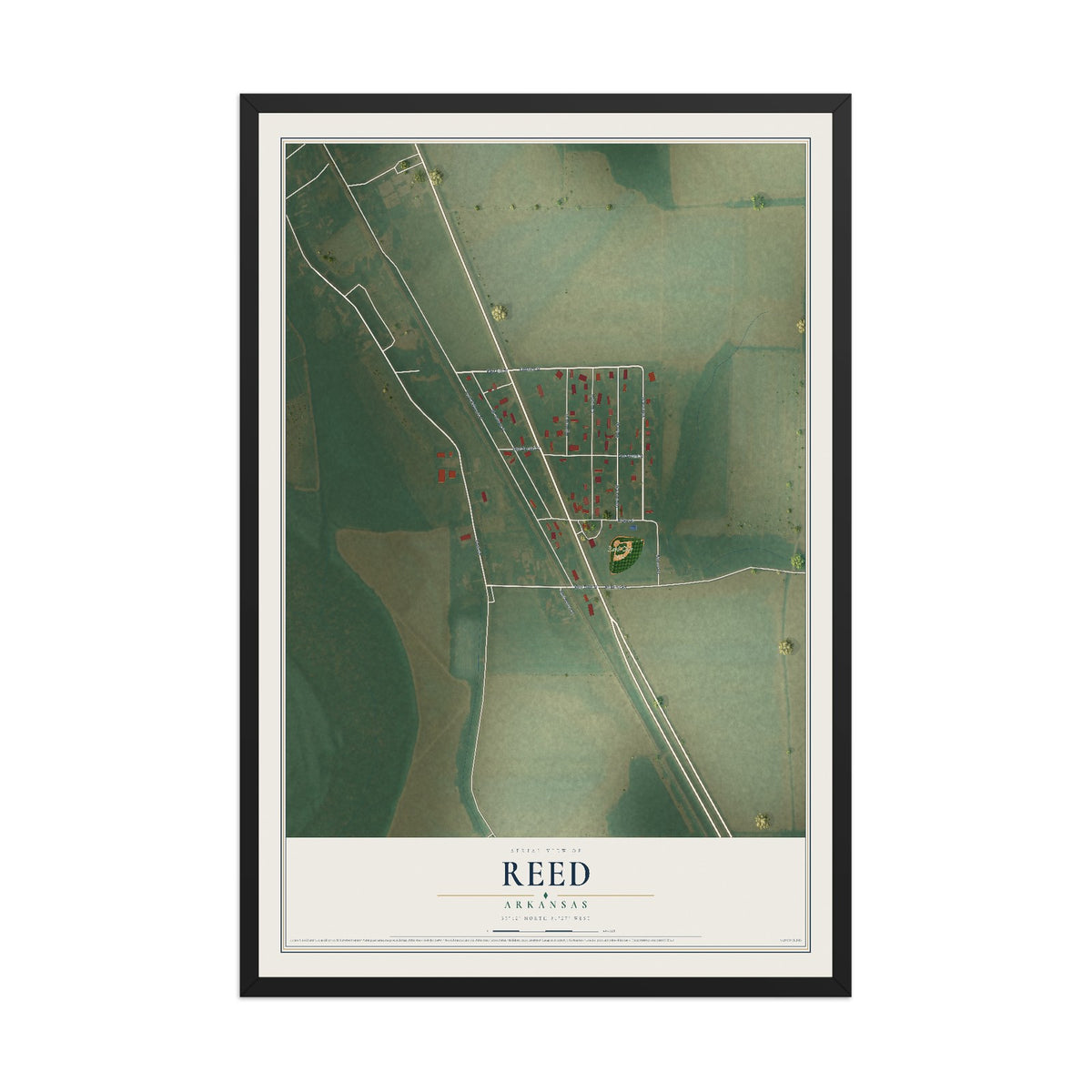 Map of Reed, Arkansas, 12 x 18 inch print in a black wood frame