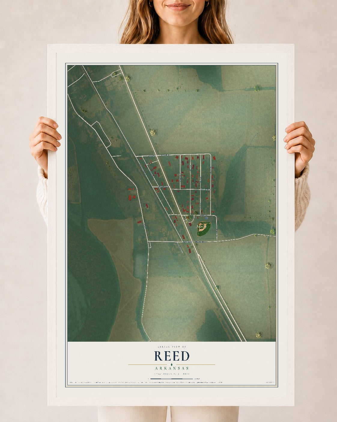 Map of Reed, Arkansas, 24 x 36 inch print in a white wood frame