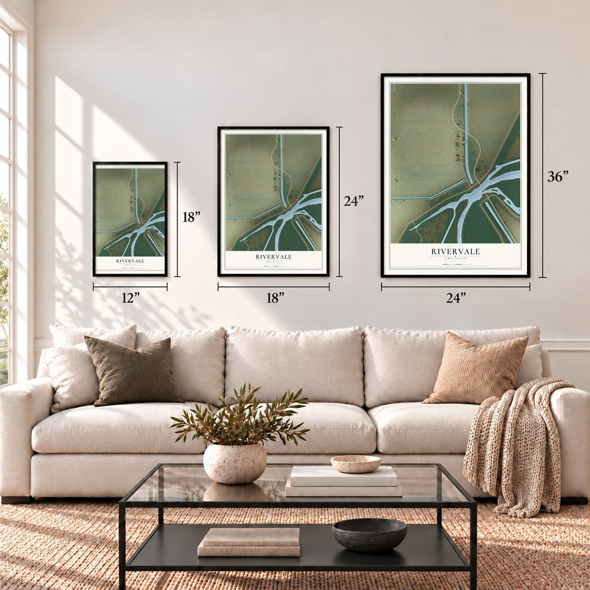 Rivervale, Arkansas map in 12 x 18, 18 x 24 and 24 x 36 inch sizes above a sofa