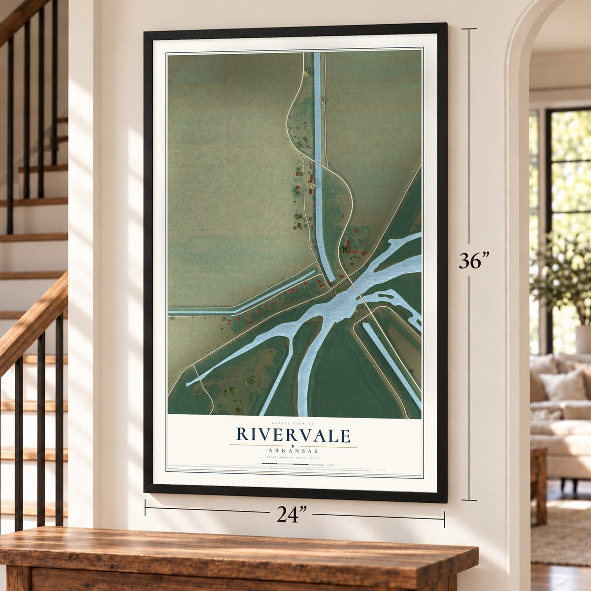 Rivervale, Arkansas map, 24 x 36 inch print in a black frame by a staircase