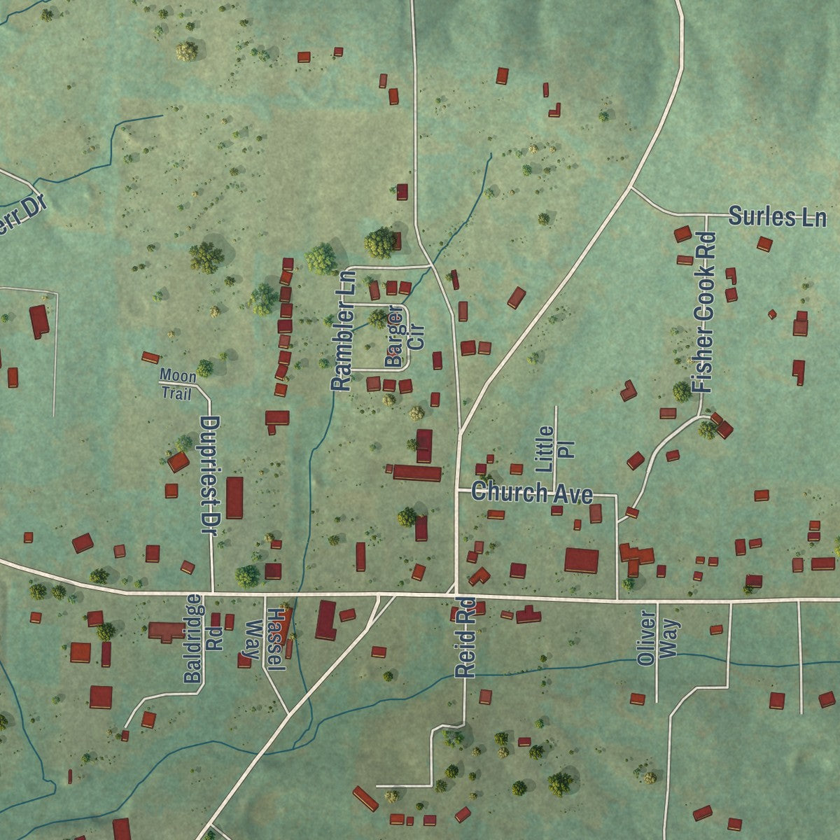 Close-up of the map of Rose Bud, Arkansas print showing street and building detail
