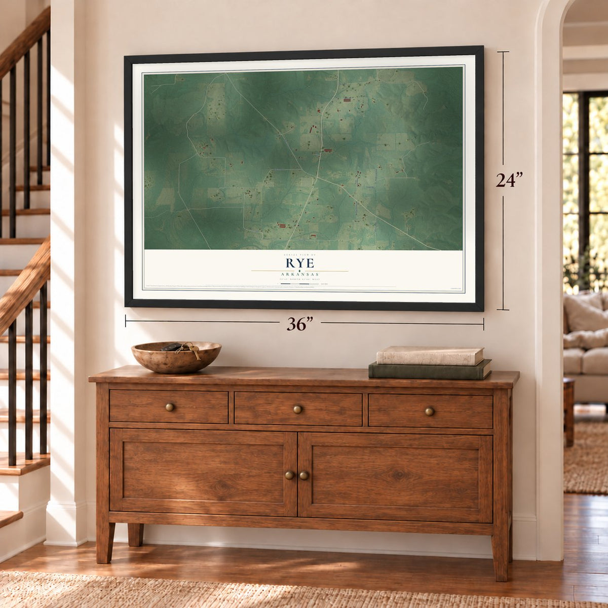 Rye, Arkansas map, 24 x 36 inch print in a black frame above a dresser by a staircase