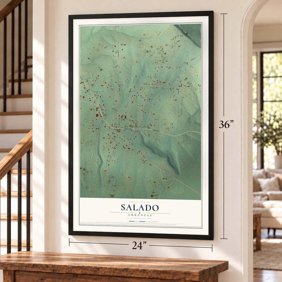 Salado, Arkansas map, 24 x 36 inch print in a black frame by a staircase
