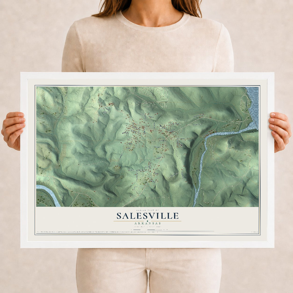 Map of Salesville, Arkansas, 12 x 18 inch print in a white wood frame