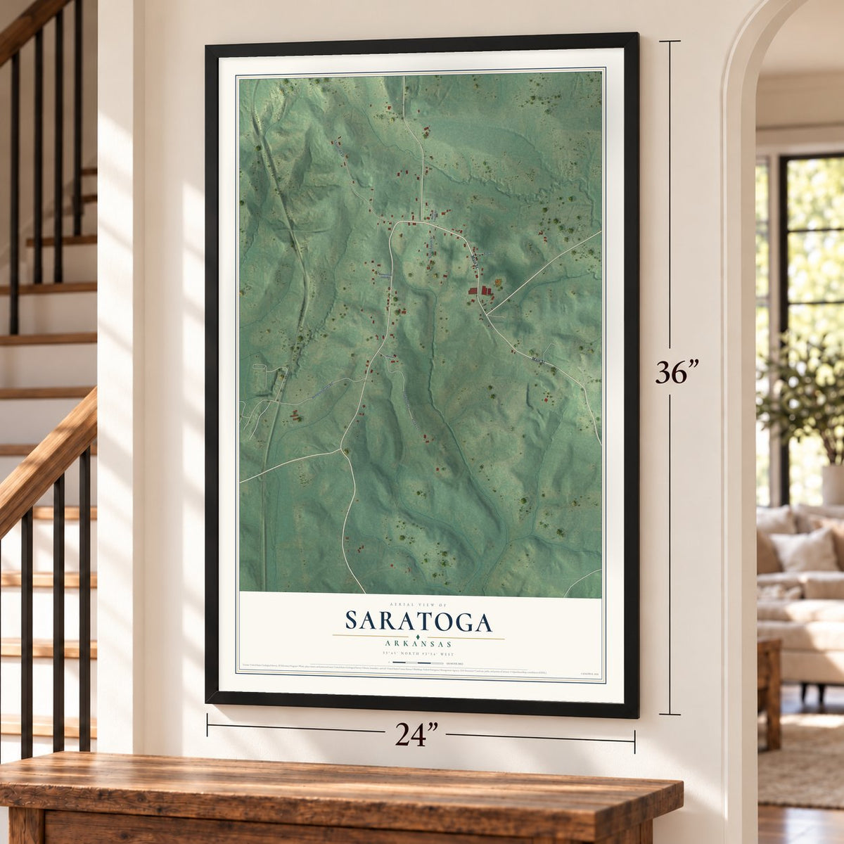 Saratoga, Arkansas map, 24 x 36 inch print in a black frame by a staircase