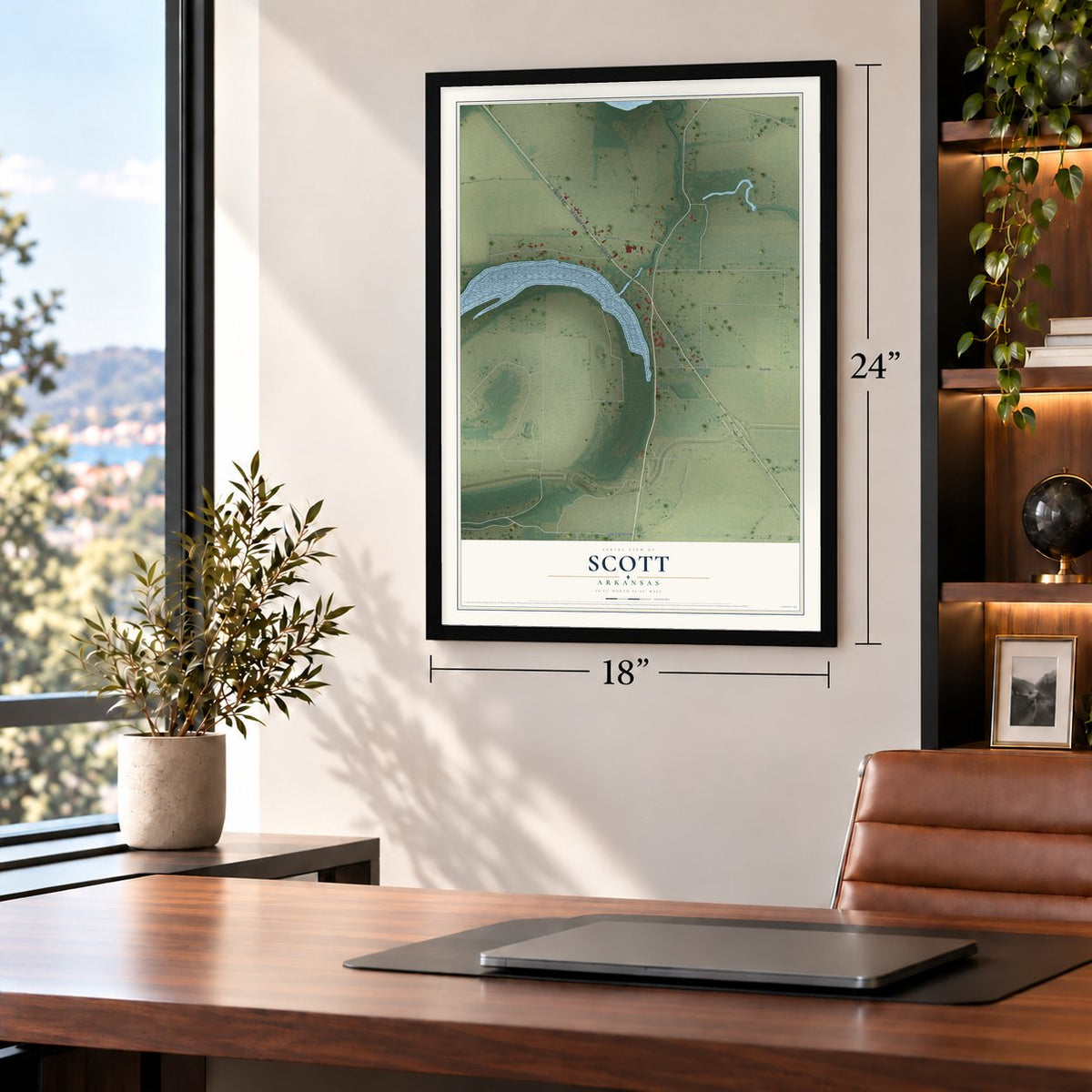 Scott, Arkansas map, 18 x 24 inch print in a black frame in a home office