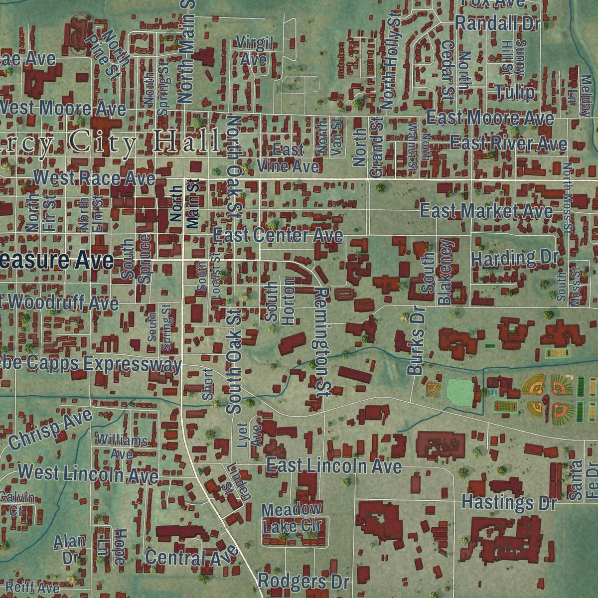 Second close-up of the map of Searcy, Arkansas print showing more streets and buildings