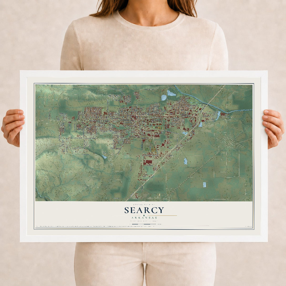 Map of Searcy, Arkansas, 12 x 18 inch print in a white wood frame