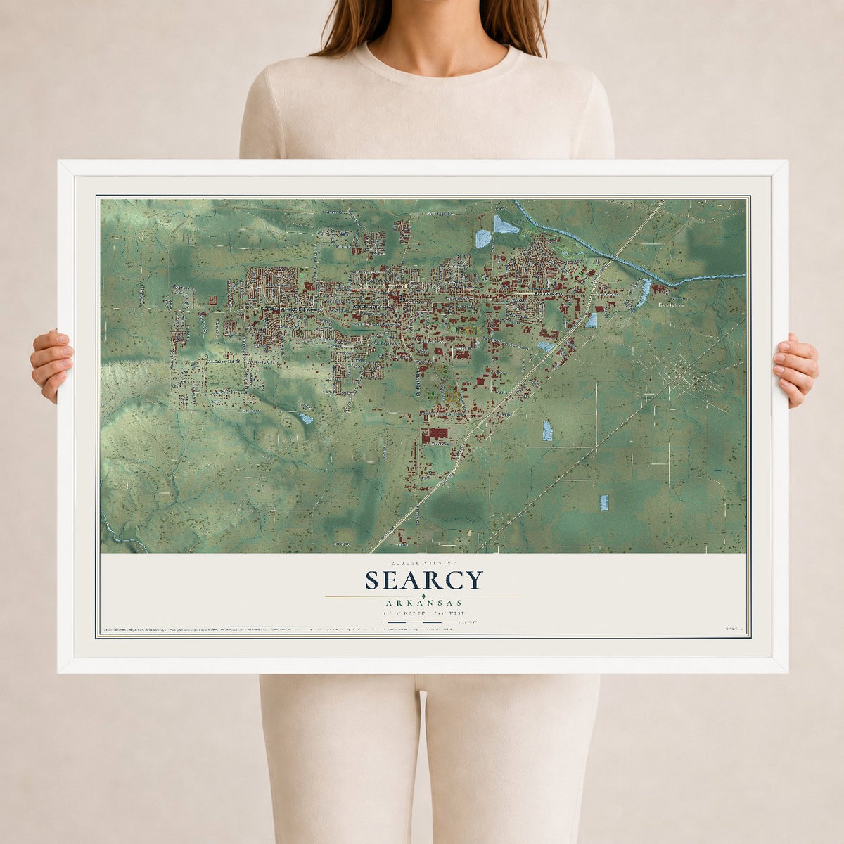 Map of Searcy, Arkansas, 24 x 36 inch print in a white wood frame