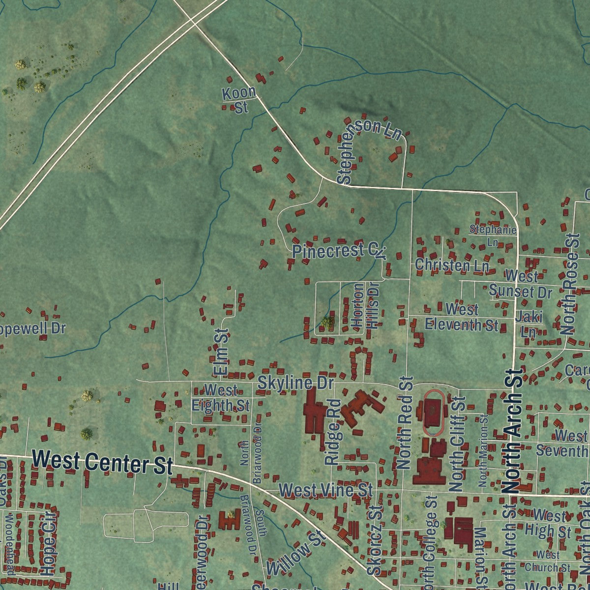 Second close-up of the map of Sheridan, Arkansas print showing more streets and buildings
