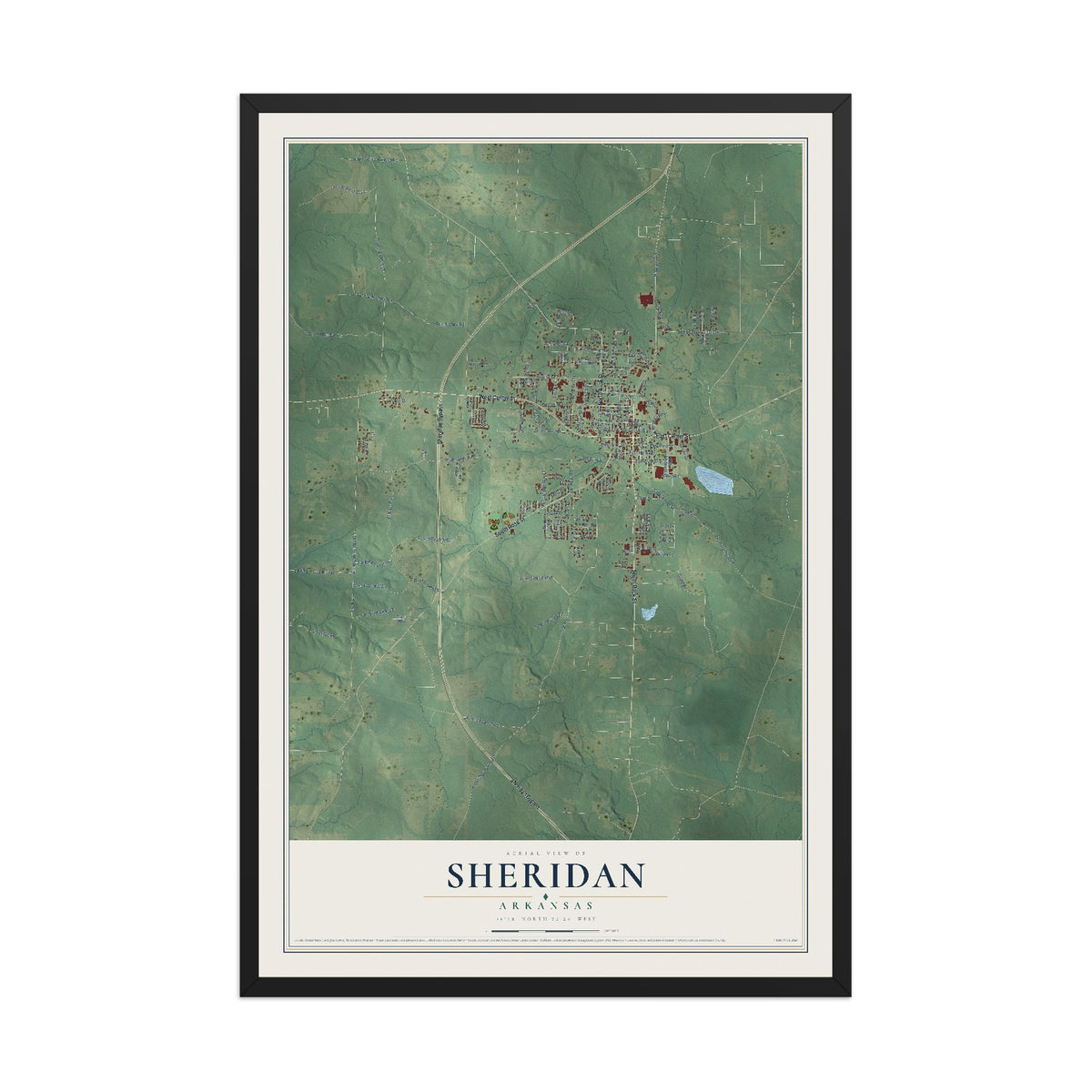 Map of Sheridan, Arkansas, 12 x 18 inch print in a black wood frame