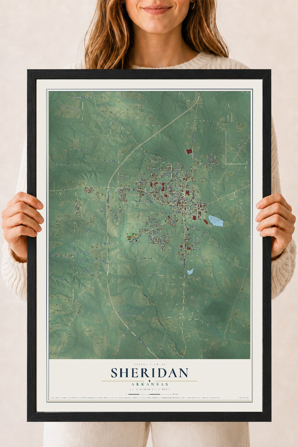 Map of Sheridan, Arkansas, 18 x 24 inch print in a black wood frame