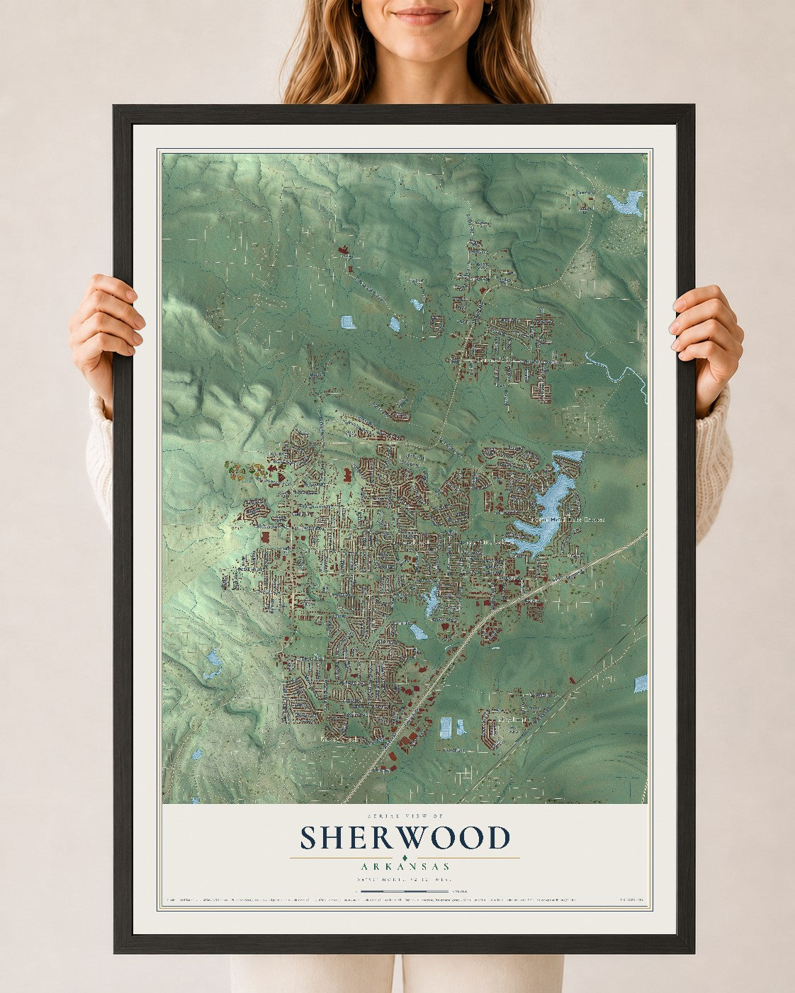 Map of Sherwood, Arkansas, 24 x 36 inch print in a black wood frame