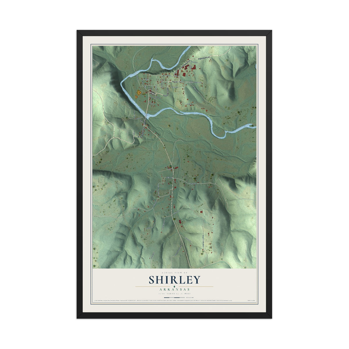 Map of Shirley, Arkansas, 12 x 18 inch print in a black wood frame