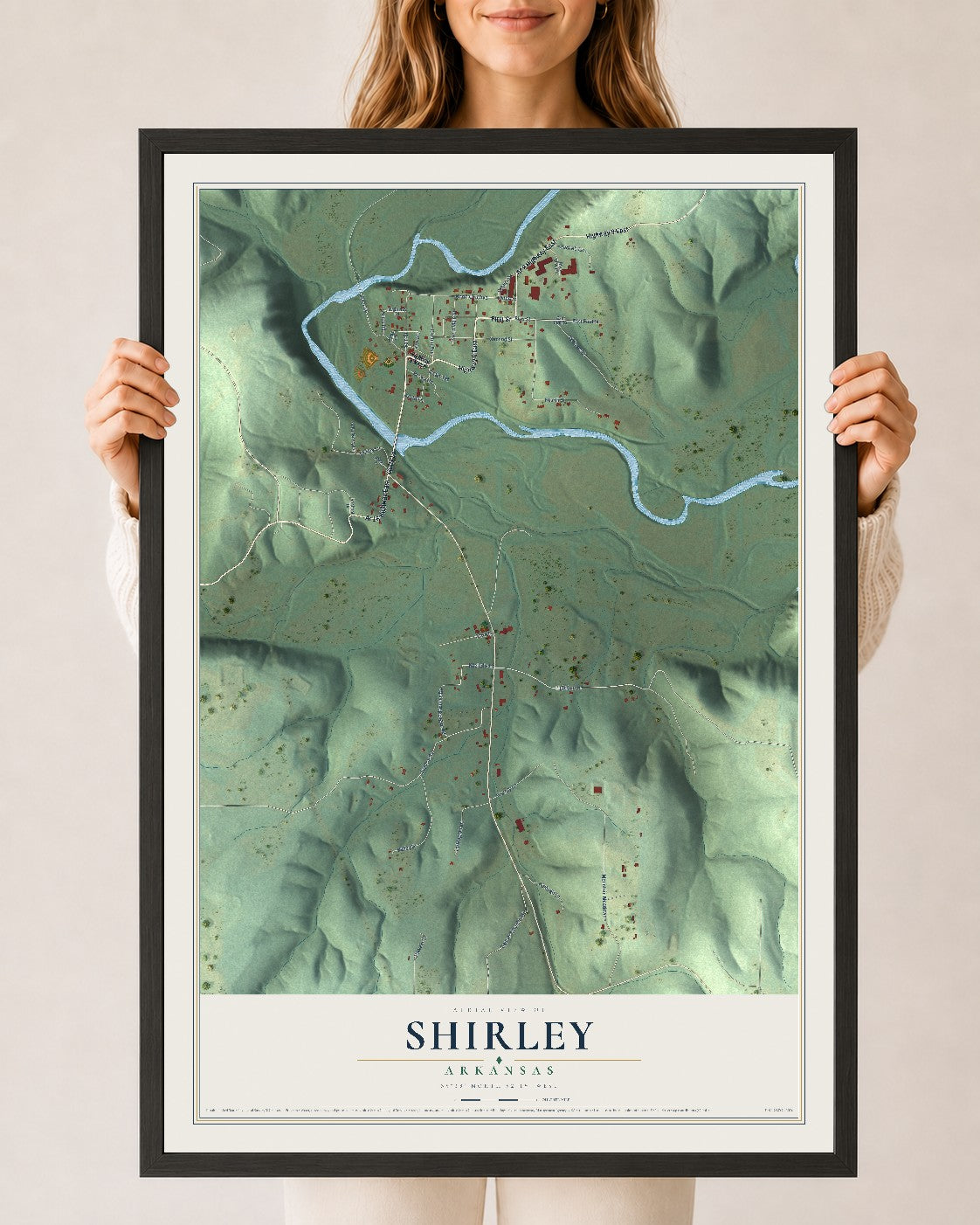 Map of Shirley, Arkansas, 24 x 36 inch print in a black wood frame