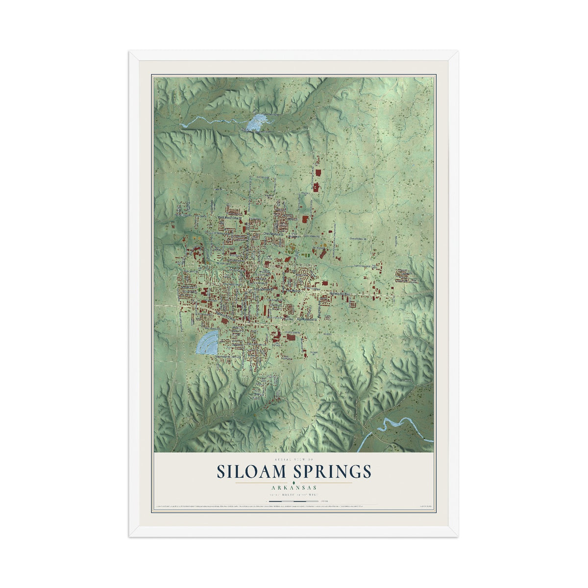 Map of Siloam Springs, Arkansas, 12 x 18 inch print in a white wood frame
