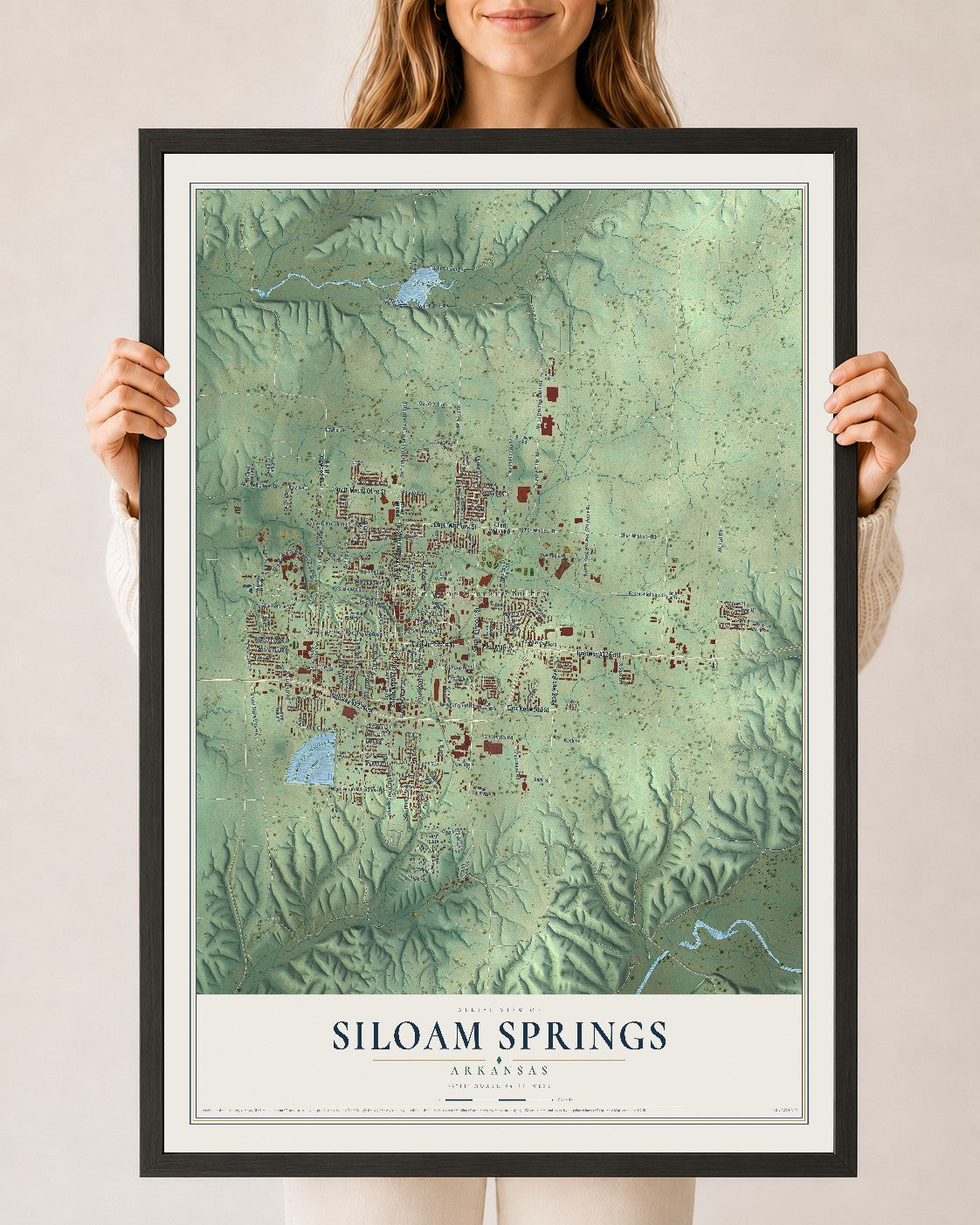 Map of Siloam Springs, Arkansas, 24 x 36 inch print in a black wood frame