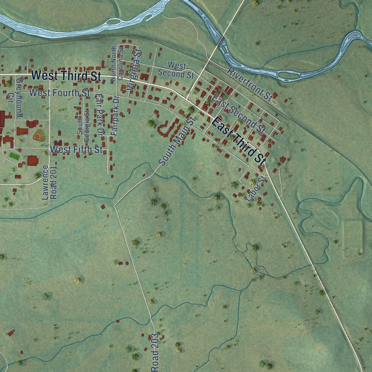 Close-up of the map of Sloan, Arkansas print showing street and building detail