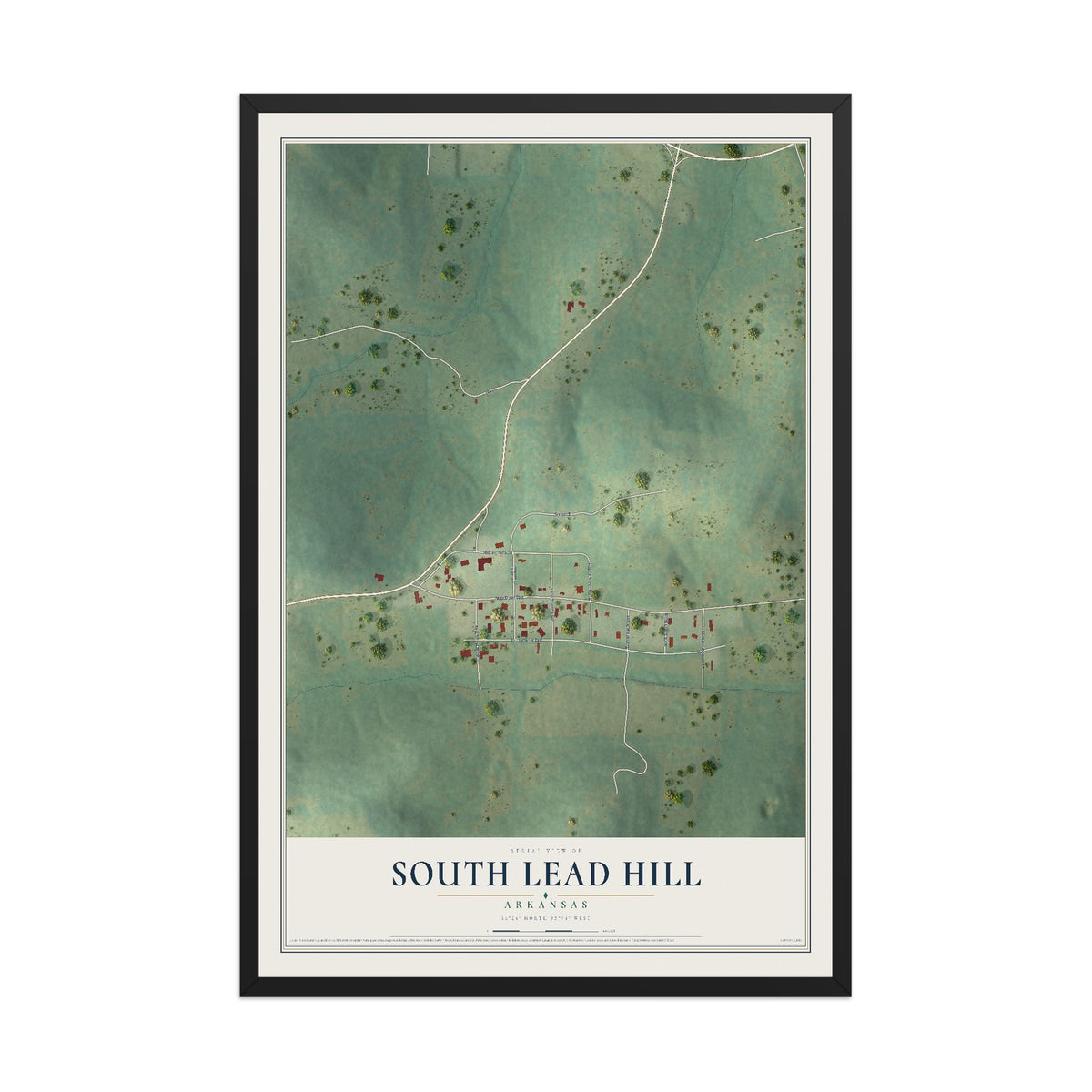 Map of South Lead Hill, Arkansas, 12 x 18 inch print in a black wood frame