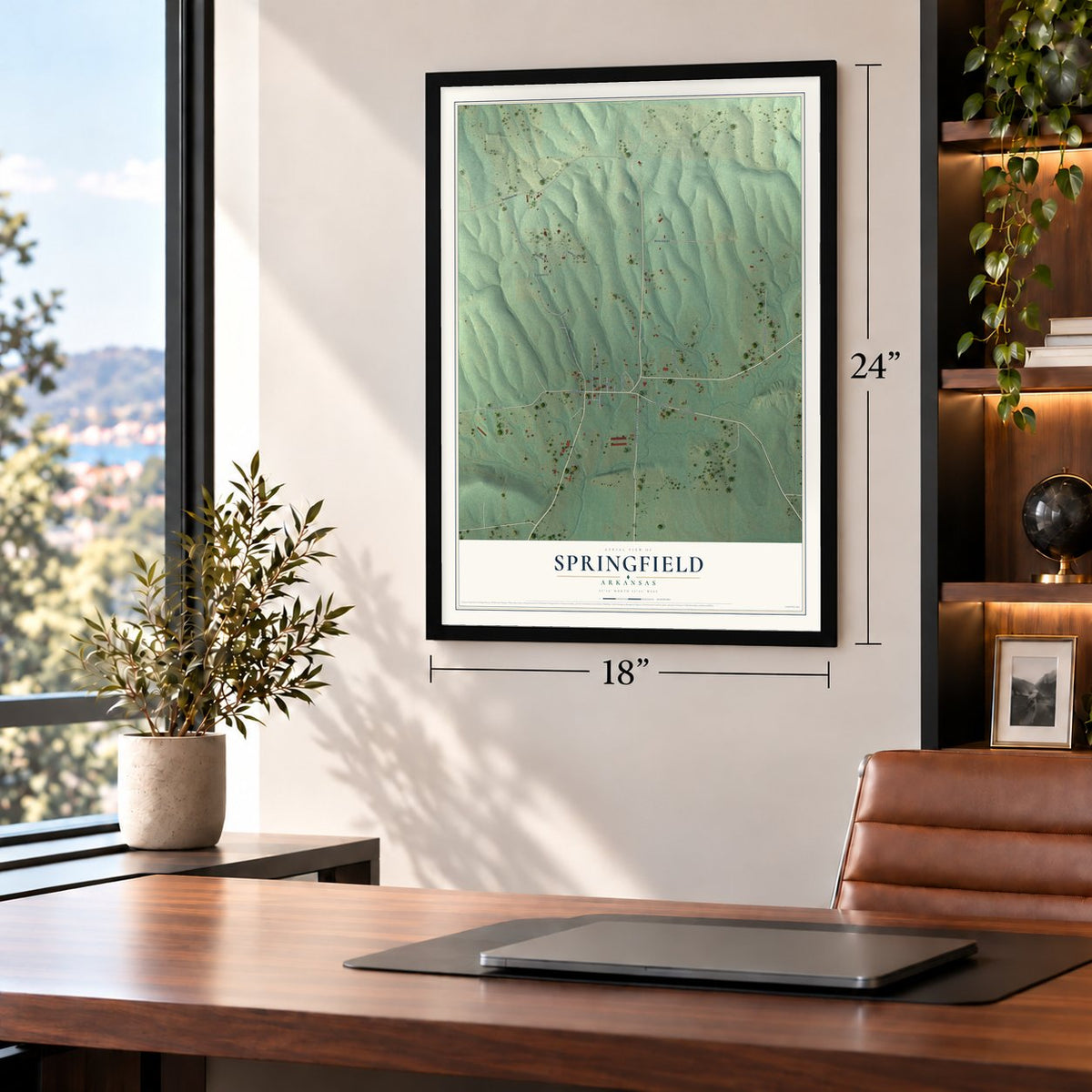 Springfield, Arkansas map, 18 x 24 inch print in a black frame in a home office