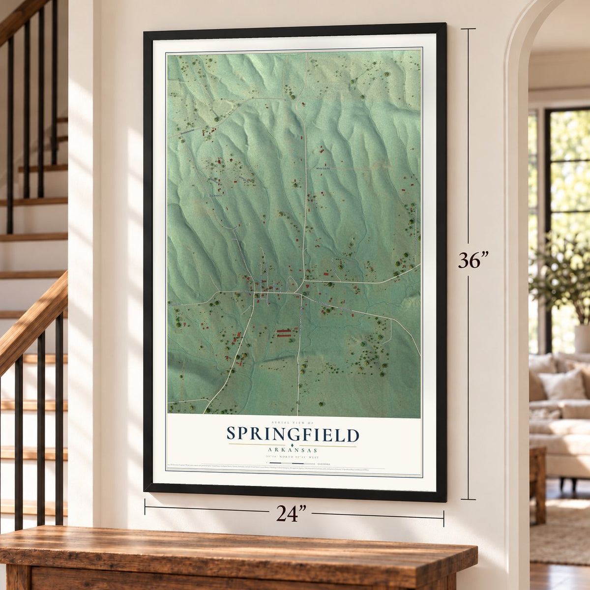 Springfield, Arkansas map, 24 x 36 inch print in a black frame by a staircase